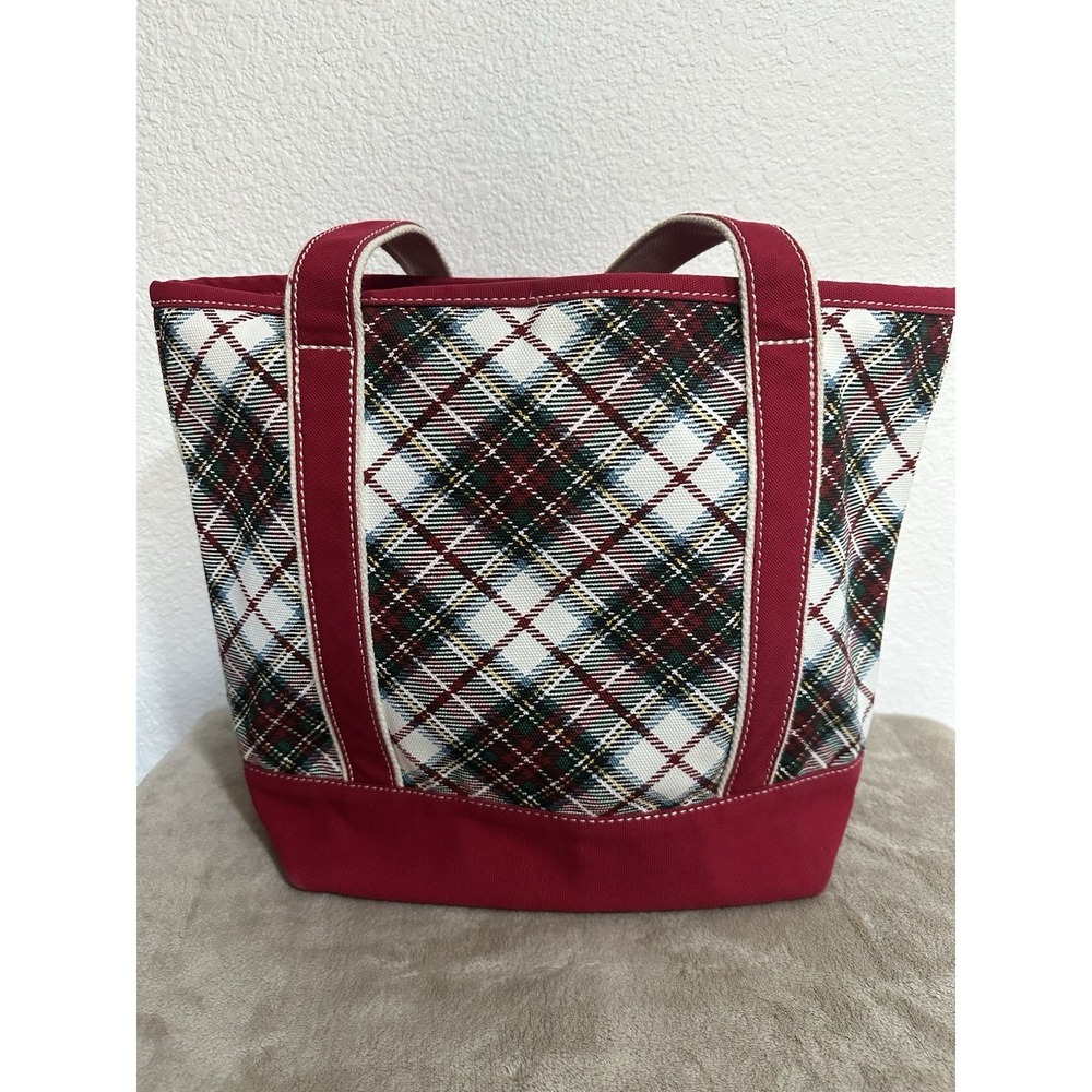 Lands‎ End M 5 Pocket ZipTop Canvas Tote Bag Christmas Red Green White plaid - Picture 2 of 6